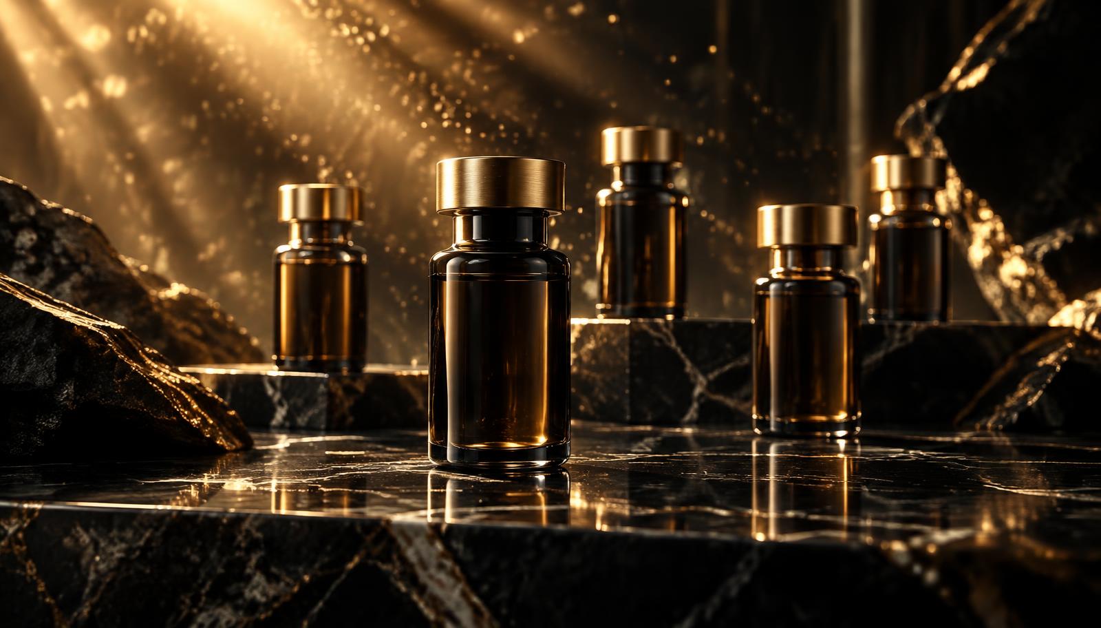 Premium peptide vials on black marble with gold light
